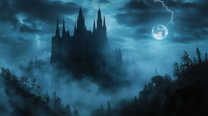 Naklejka premium A towering, haunted Gothic castle looms over a misty, moonlit forest, with dark clouds and lightning creating a chilling Halloween scene. 