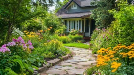 Obraz premium Charming Garden Pathway with Vibrant Flowers