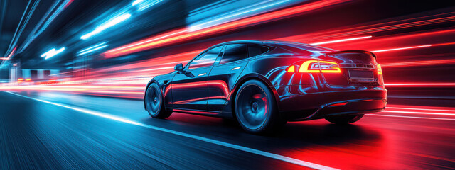 High energy shot of an electric car speeding away, showcasing dynamic motion and vibrant light trails.
