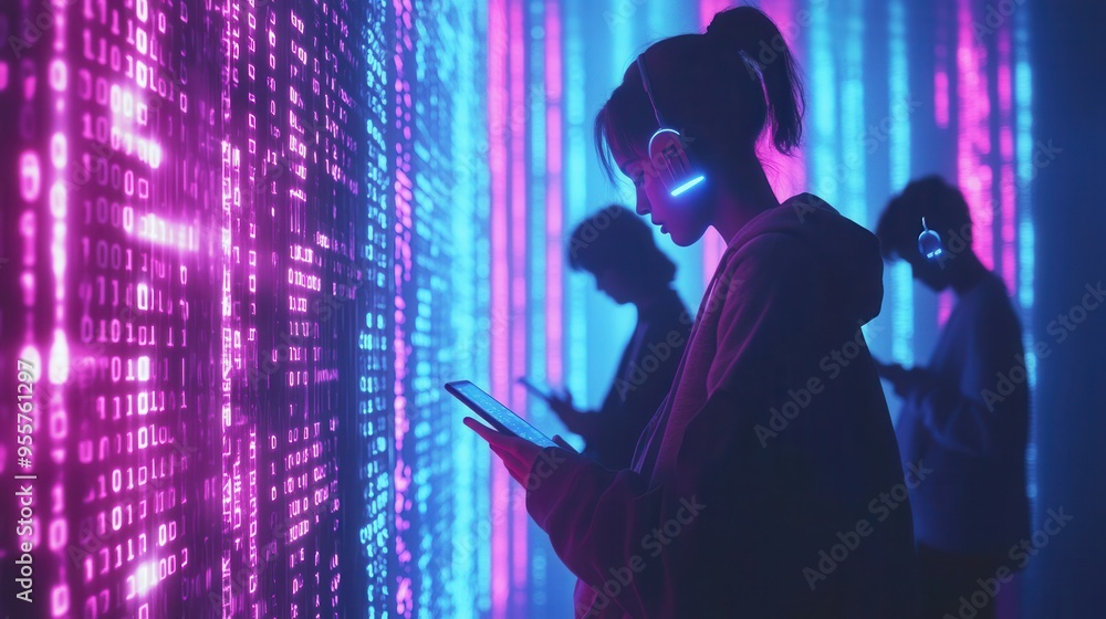 Aufkleber individuals with bowed heads focus on their devices, surrounded by vibrant digital codes that reflec
