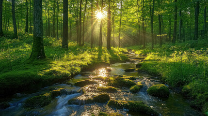 Obraz premium A serene forest scene with sunlight streaming through lush green trees, illuminating gentle stream flowing over mossy rocks.