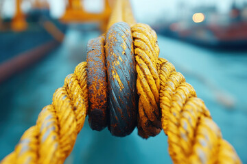 A close up view of rusty steel cable intertwined with yellow rope, showcasing texture and detail. image evokes sense of industrial strength and weathered beauty.