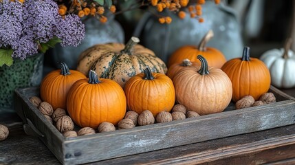 autumnal tableau rustic wooden tray assorted pumpkins and nuts warm earthy tones cozy seasonal arrangement
