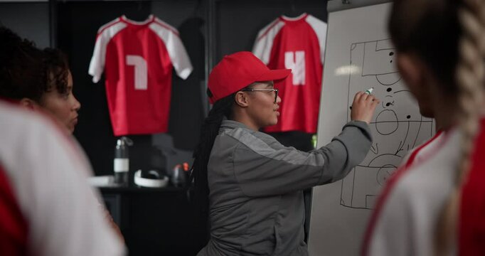 Woman, coach and writing on board with group for drawing, formation and strategy for sports in locker room. People, discussion and club manager with sketch for soccer, info and notes for competition