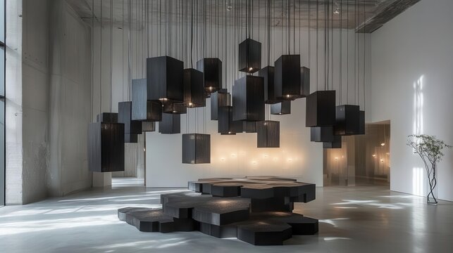 avantgarde chandelier installation constellation of matte black geometric pendant lamps varying shapes and sizes minimalist gallery space dramatic shadows - Powered by Adobe
