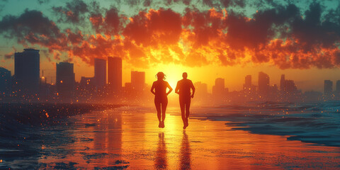 Fototapeta premium Silhouettes of a man and woman running on the beach at sunset, with the city skyline in the background.