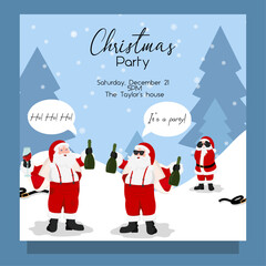 2 Bad funny drunk Santa Claus drinking other Santa in shocked. Card invitation 