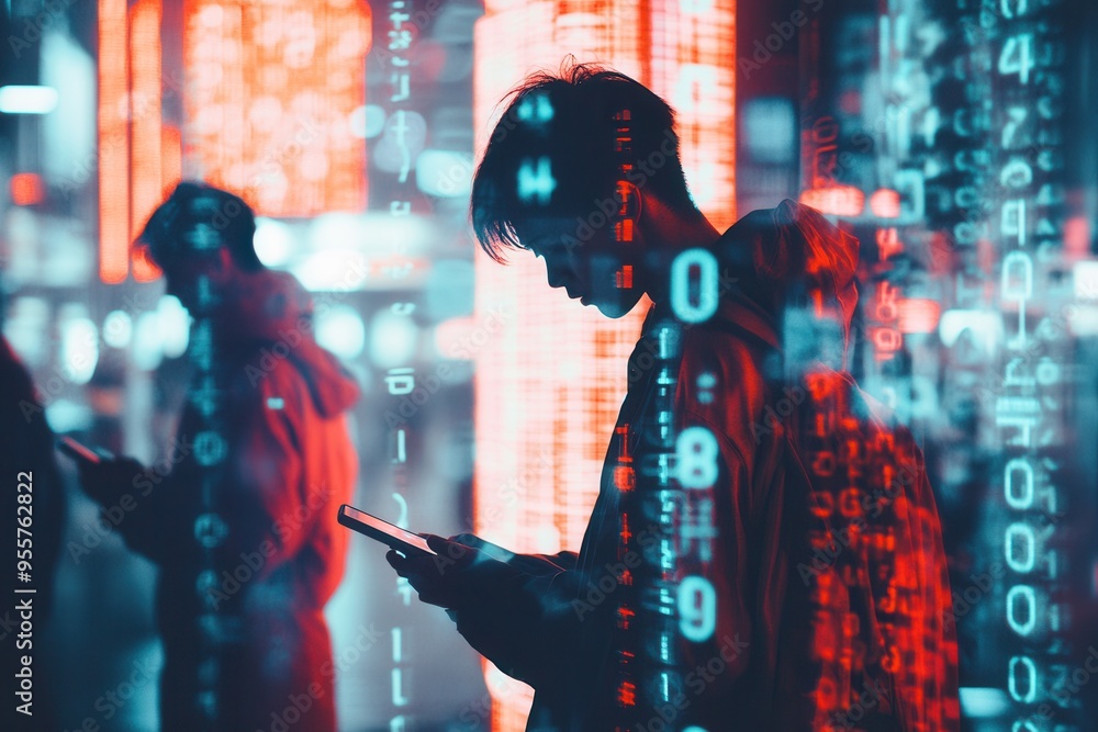 Aufkleber individuals focus on their smartphone screens, surrounded by glowing digital numbers, conveying a se