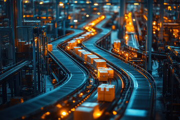 Naklejka premium A top down view of sorting facility with conveyor belts and packages, showcasing an organized and efficient logistics environment.