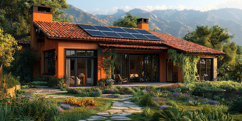 Obraz premium A modern, orange stucco home with a terracotta tile roof and solar panels, set against a backdrop of mountains.