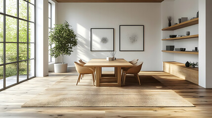 Modern dining room with wooden furniture and natural light.