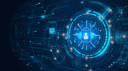 Fototapeta premium Futuristic cybersecurity concept with a digital shield protecting a circuit board, representing technological security and protection. 