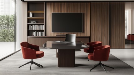 Fototapeta premium Modern office interior with wooden accents, sleek furniture, and contemporary design in a spacious environment