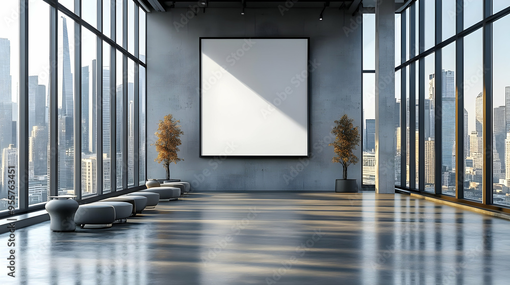 Poster modern gallery space with large blank canvas and urban view.