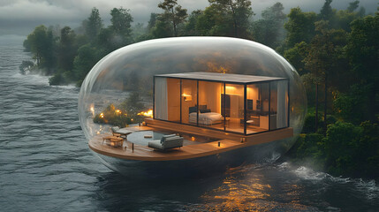 Modern glass bubble house on water surrounded by trees.