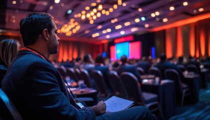 Tech conference with speakers and attendees, professional style, sharp focus, bright lighting, high detail