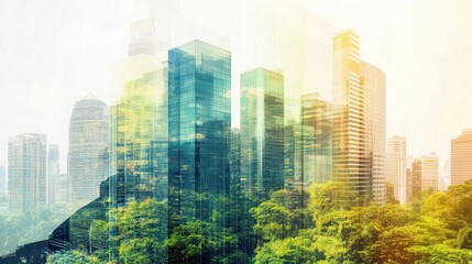 Interactive sustainability report for business, copy space, corporate green strategies, vibrant, double exposure, eco-friendly city backdrop