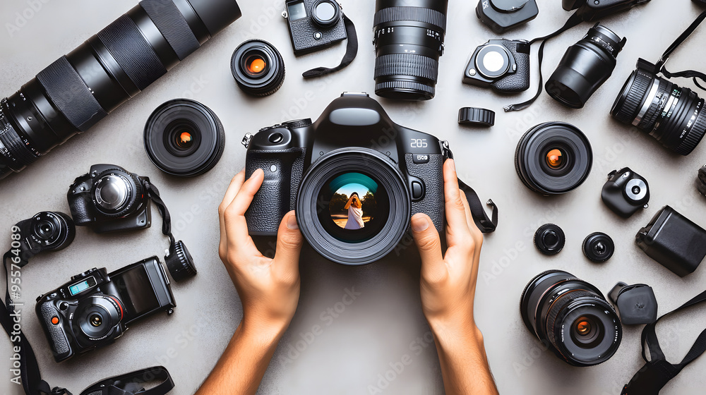 Poster a close-up view of a hand holding a camera, surrounded by various camera equipment on a professional