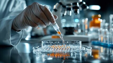 Scientist Dropping Liquid Into Petri Dish In Laboratory