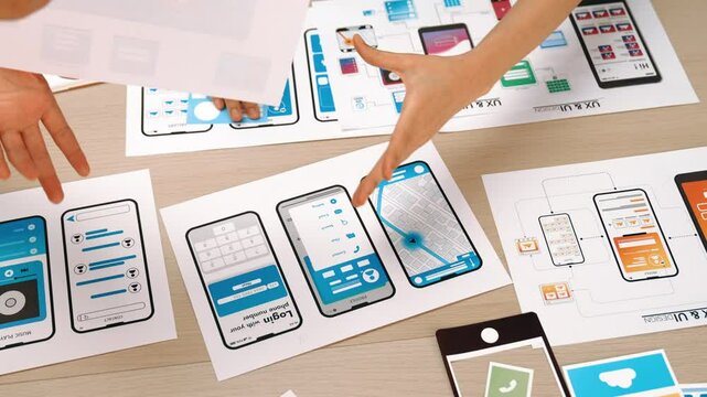 Panorama video of startup company employee planning on user interface prototype for mobile application or website in office. UX UI designer brainstorm designing user friendly interface plan. Synergic