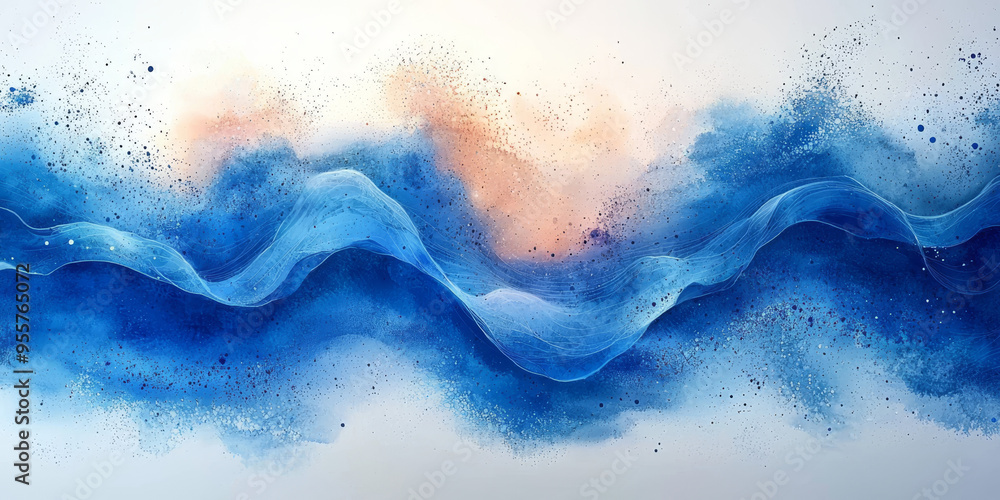 Poster Abstract watercolor painting of a blue wave with a light background.