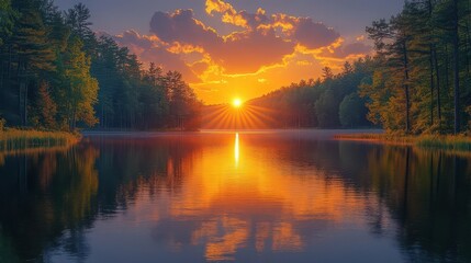 breathtaking sunset over a serene lake landscape golden light shimmers across the waters surface silhouetting trees along the shoreline and painting the sky in a vibrant palette of warm hues