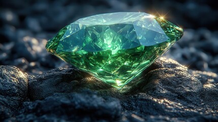 brilliant green sapphire gem floating in dark void facets catching and refracting light creating prismatic effect macro detail of cut and clarity