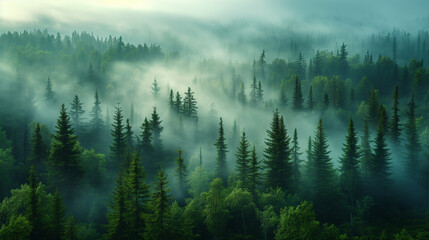 misty morning, the green fir forest is enveloped in a mysterious aura, creating a magical landscape. Thick fog rises above the treetops, adding a mystical charm to the scene