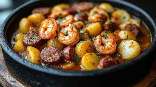 cajun feast still life steaming pot of succulent shrimp sausage and golden potatoes in vibrant spiced broth rich colors and textures evoke louisianas culinary heritage
