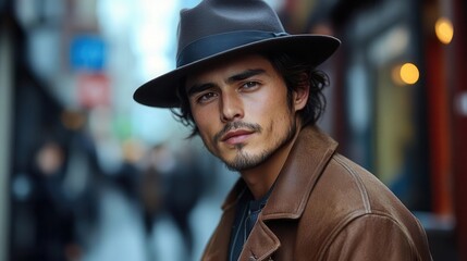 charismatic young man in urban setting wearing a stylish hat and casual attire natural lighting accentuates his confident pose and expressive features capturing a sense of modern masculinity