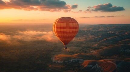 Obraz premium Hot Air Balloon Soaring Over the Sunrise Landscape