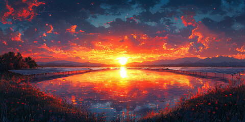 A fiery sunset paints the sky with hues of orange and red, casting a warm glow over the still lake. Solar panels stretch across the water, reflecting the vibrant colors of the sky.