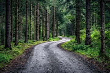 A winding road through a dense forest. This image is perfect for representing themes of journey, exploration, or nature.