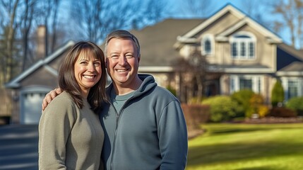 Obraz premium Happy couple smiles in front of their home on a sunny day in the suburbs during early afternoon
