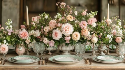 cheerful spring table setting with pastel pink and green patterned plates matching cutlery and fresh floral centerpiece on a light wooden table