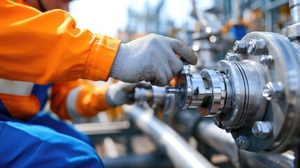 Close-up of a worker adjusting valves on a pipeline, with heavy machinery and industrial background, emphasizing the hands-on nature of petroleum work