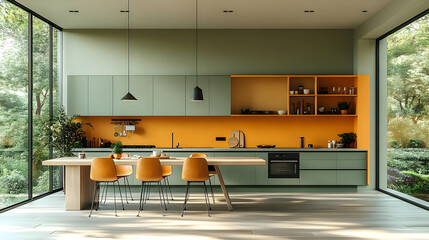 Modern kitchen with green and orange accents and large windows.