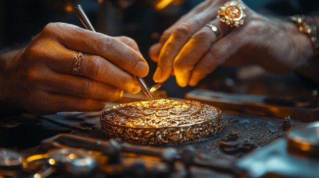 Skilled craftsmen meticulously create handmade jewelry. Tools and materials are carefully arranged. This image is suitable for content related to craftsmen and jewelry making crafts