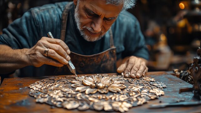 Skilled craftsmen meticulously create handmade jewelry. Tools and materials are carefully arranged. This image is suitable for content related to craftsmen and jewelry making crafts