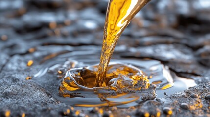 Close-up of crude oil being extracted from a well, with the thick, black liquid flowing into a container, emphasizing the raw and unrefined nature of petroleum