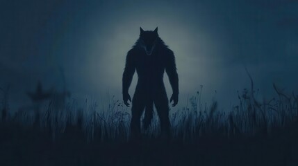 Ghostly werewolf silhouette in a dark twilight, flat design, top view, haunted field theme, 3D render, Complementary Color Scheme