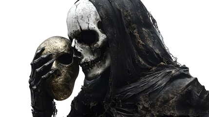 Gothic skeletal prince in tattered royal garments, holding a Halloween mask, dark fantasy art, detailed textures, isolated on white background