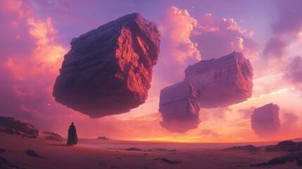 A lone figure stands in a desert landscape with floating rock formations and a pink sunset sky.