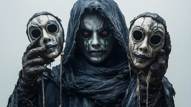 Haunted puppet master in a spectral cloak, controlling puppets with Halloween masks, hyper-realistic rendering, isolated on white background