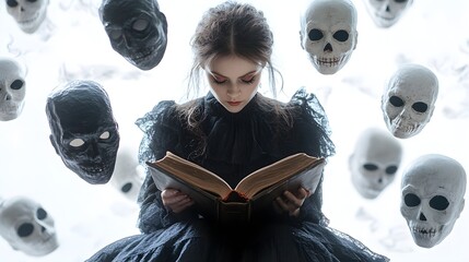Haunting cursed librarian reading from a book of spells, with floating Halloween masks, surreal and atmospheric, isolated on white background