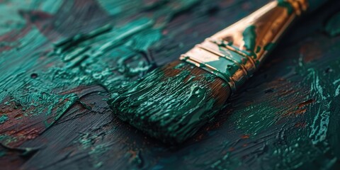 Fototapeta premium Close up of wide decorator s paint brush bristles covered in green paint painting a wooden surface