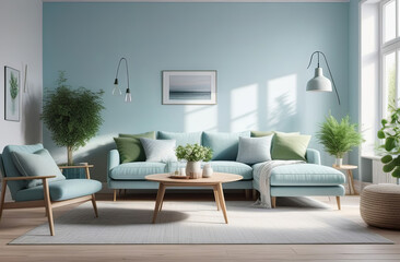 airy and spacious living room interior, natural light through windows, fresh houseplants, elegant and modern space