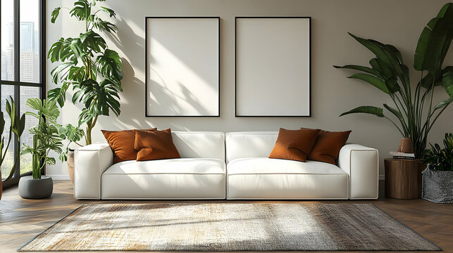 Modern living room with a white sofa and decorative plants.