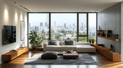 Modern living room with city view and contemporary decor.