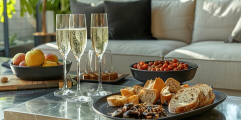 Champagne glasses and assorted snacks on metal coffee table in living room